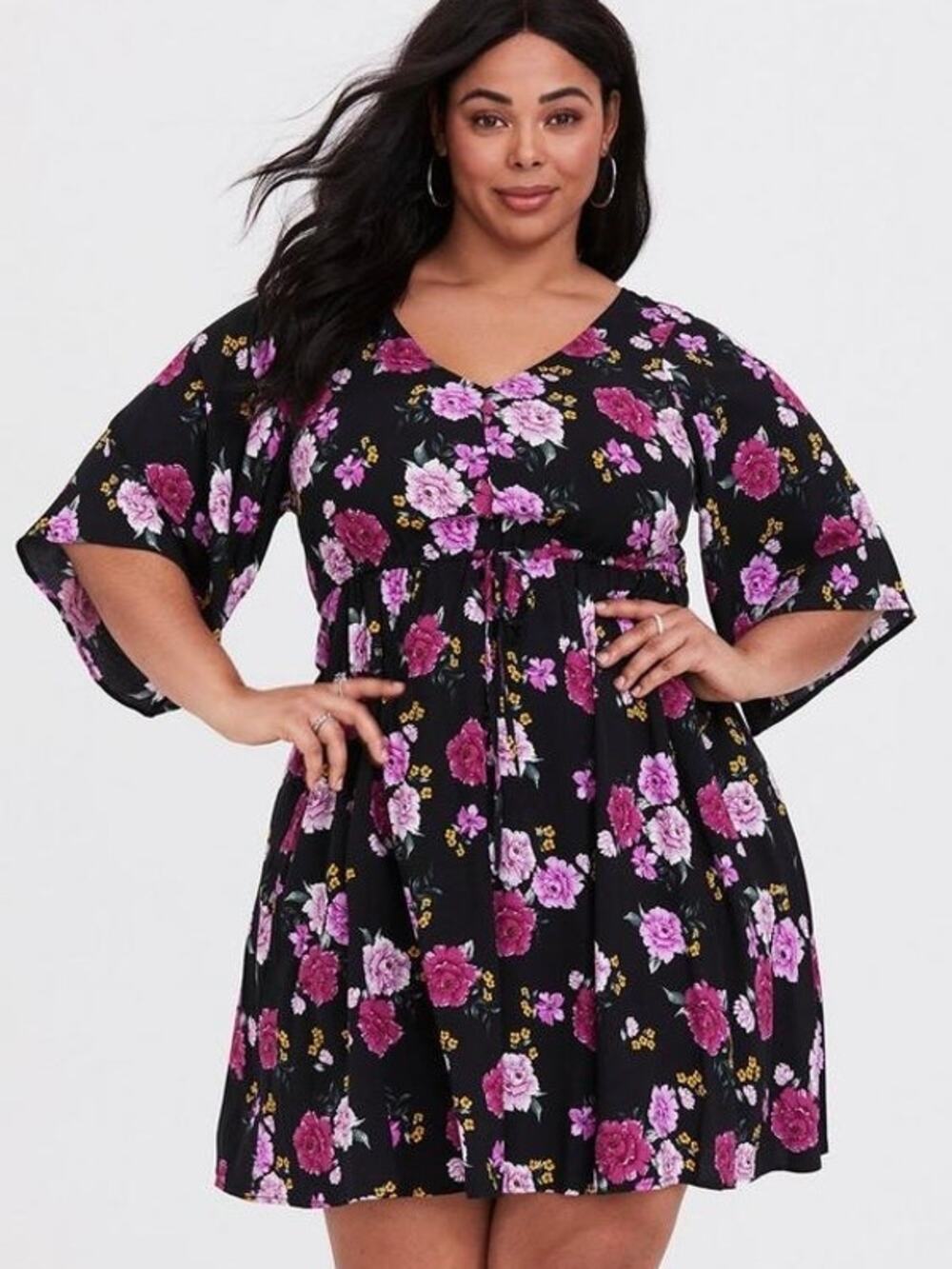 Torrid Black&Purple Floral Challis V Neck Mini Dress Sz.2